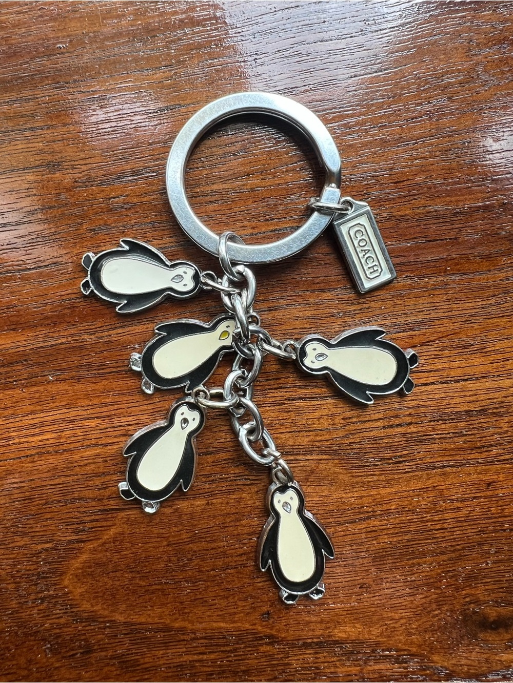 Coach Silver Penguin Charm Keyring with Cream and Black Enamel